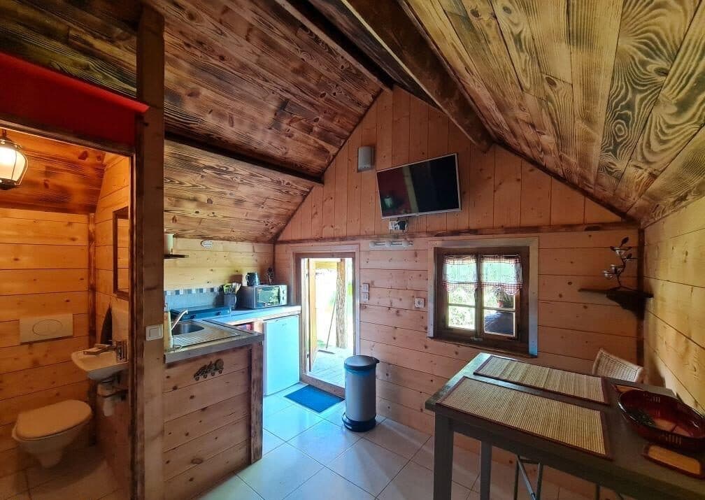 Cabane insolite au bord d’un étang à la campagne 