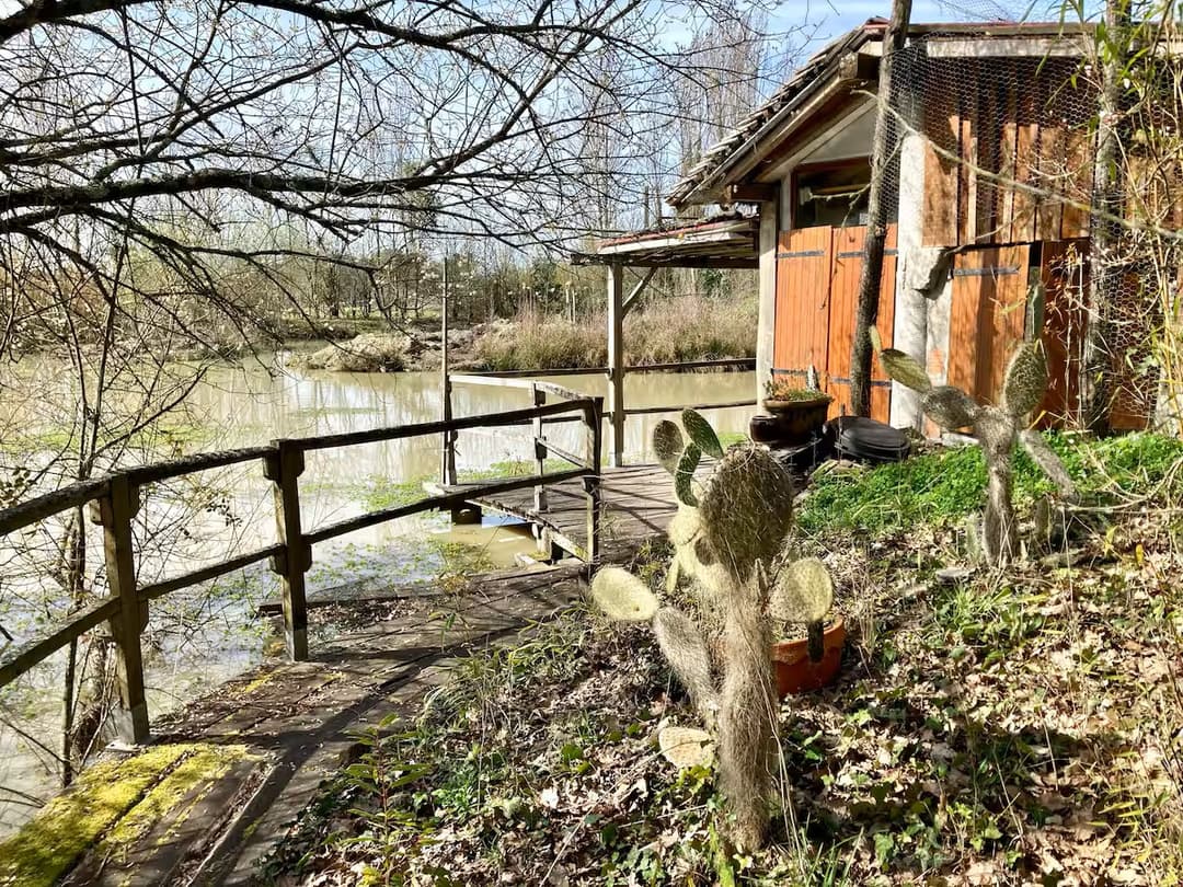 Cabane cosy devant un étang privé 