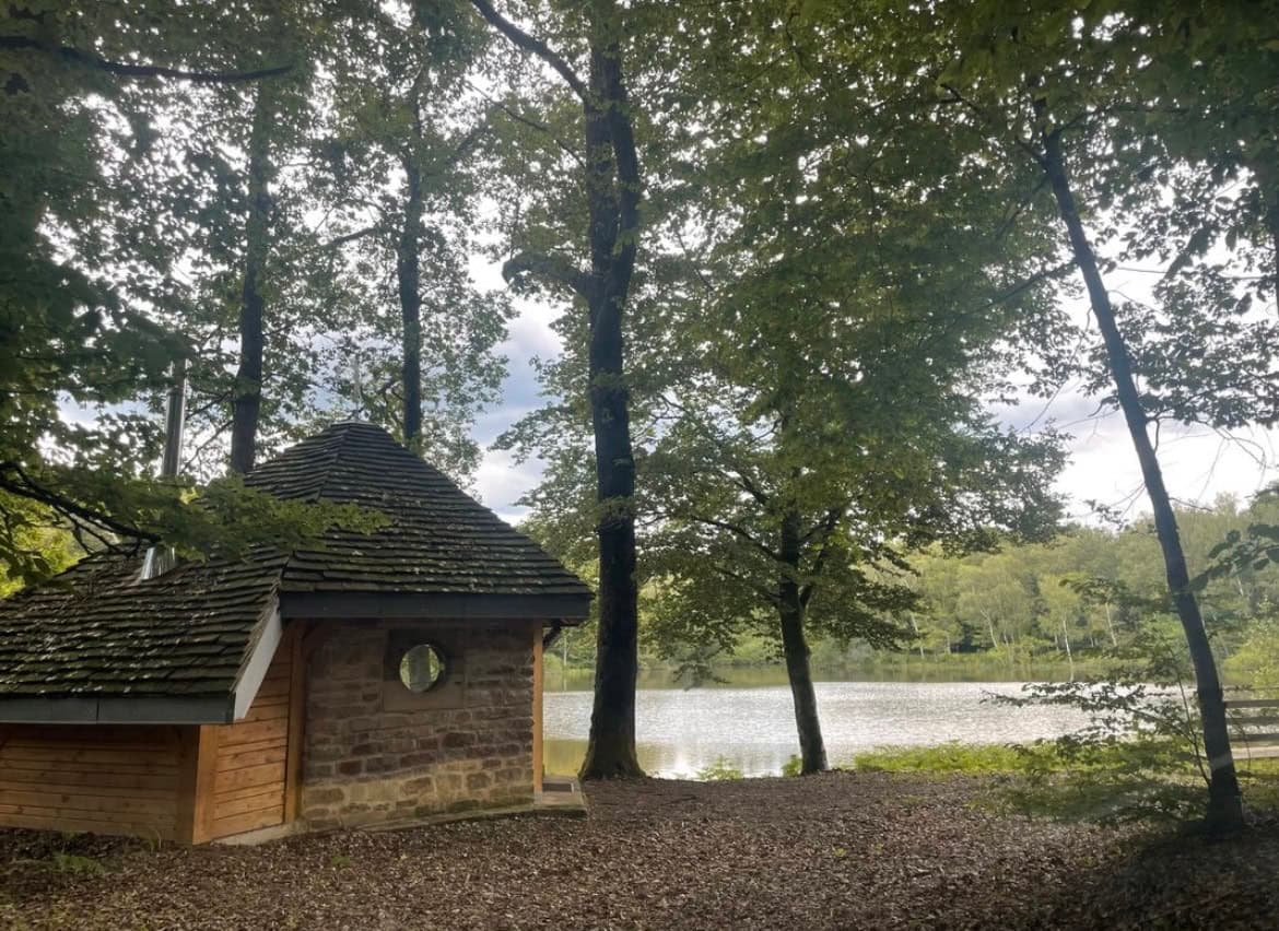 Étang au milieu de la forêt avec chalet 