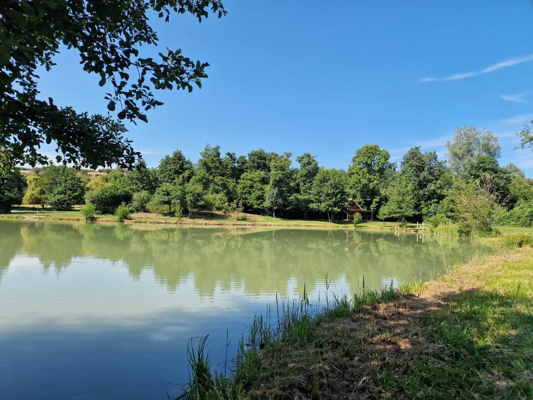 Coin nature au bord d’un étang avec cabane pour la journée 