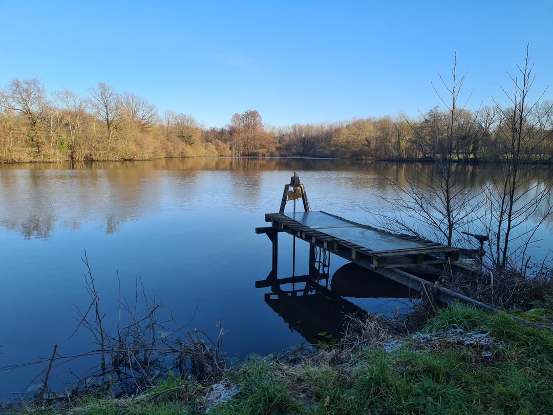 Etang avec bateau cabané au cœur d'un élevage piscicole