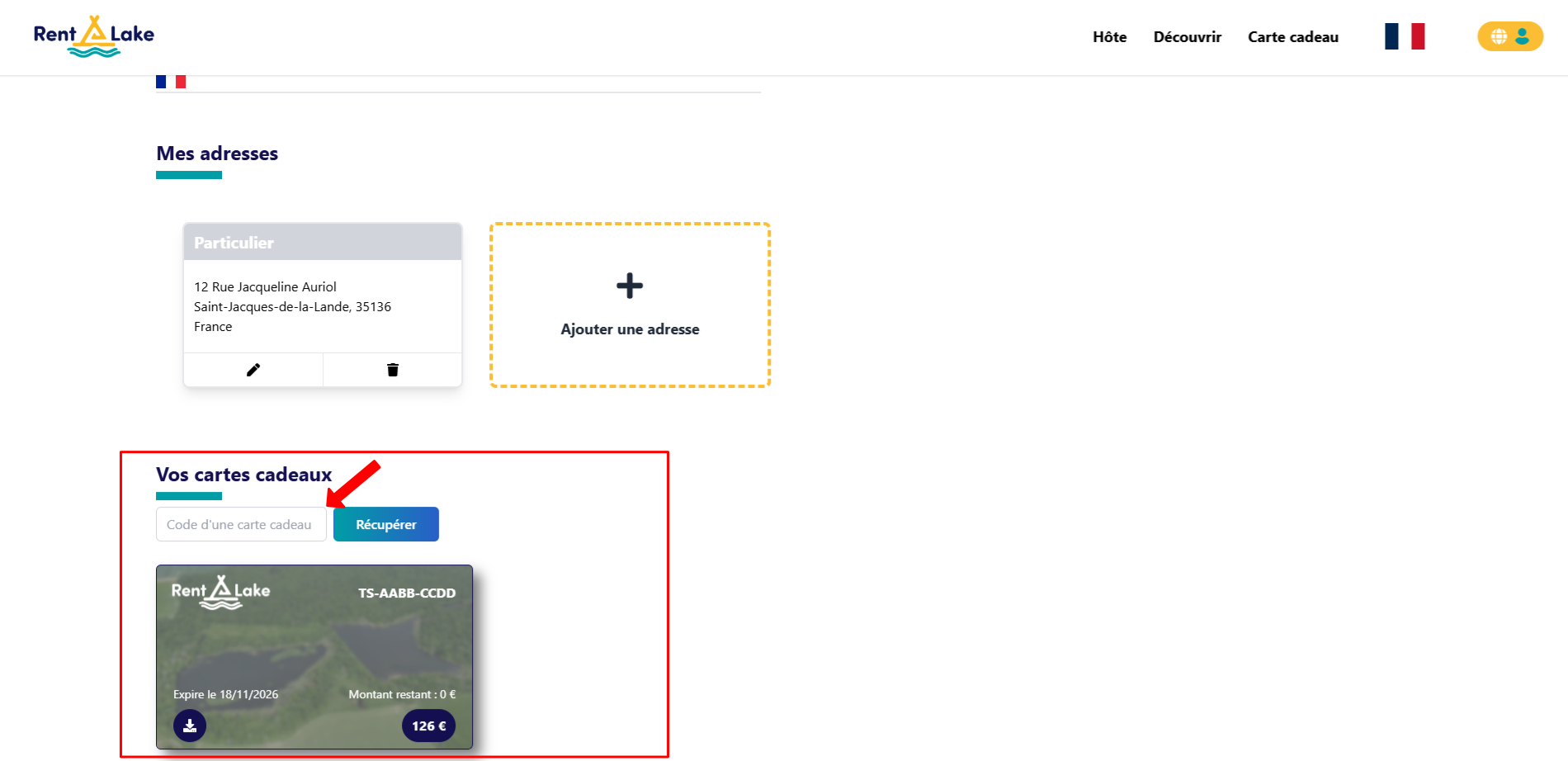 Image présentant le menu des cartes cadeaux en bas de la page de modification de votre profil