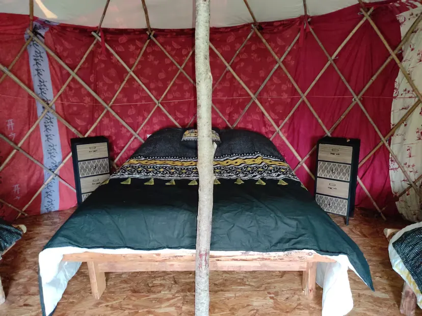 Yourte bambou avec terrasse au bord d’un lac du Grand Est