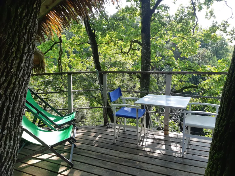 Cabane perchée à 15 m pour 3 personnes – Vue sur plan d’eau de 2ha – Mayenne