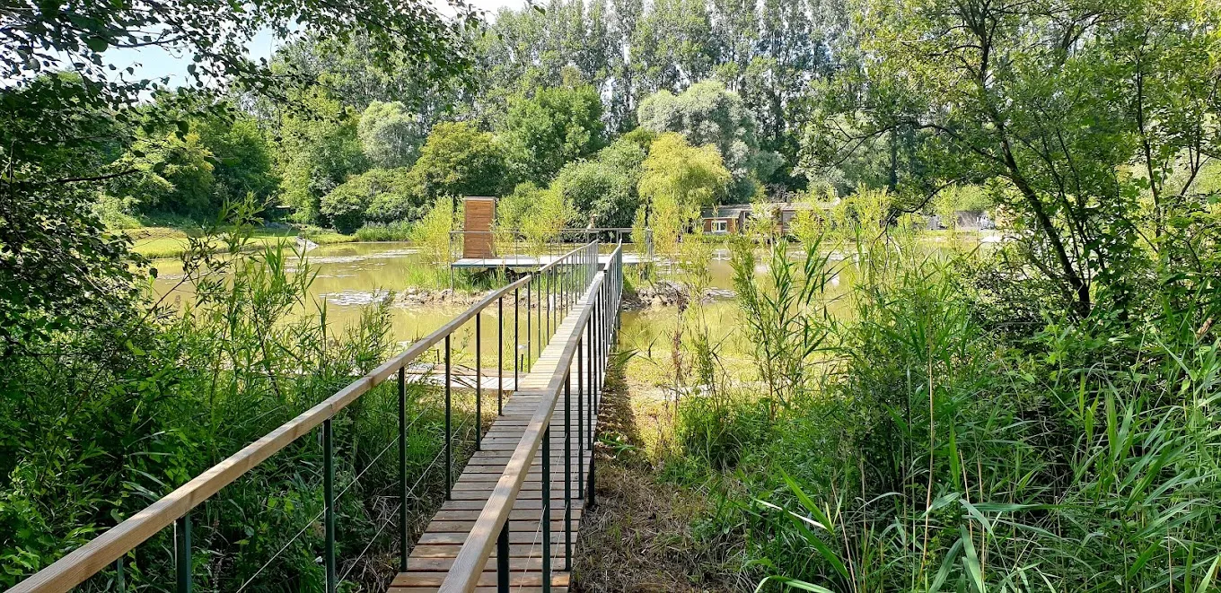 Cahute transparente au cœur de la nature avec étang