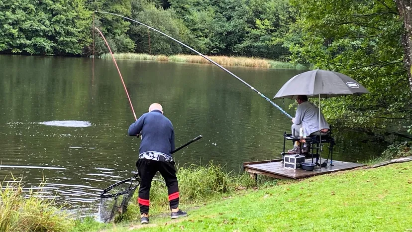 Cabane au bord d’un étang de pêche en pleine forêt