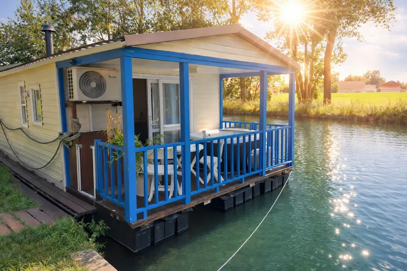 Chalet flottant avec jacuzzi privé terrasse vue sur le Canal près de Dijon