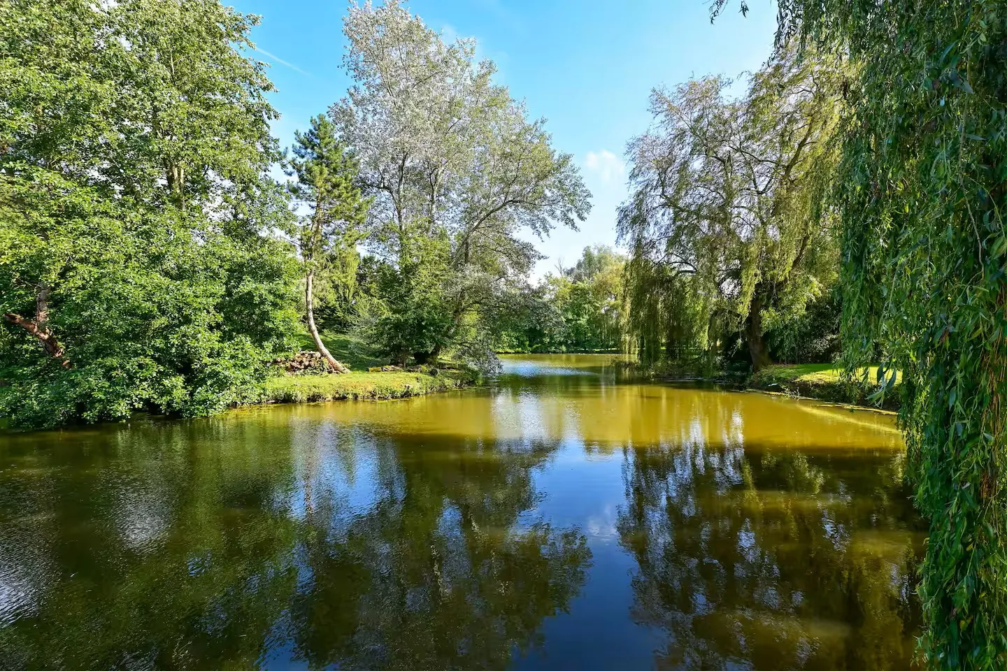 A house hanging on the water of its private pond