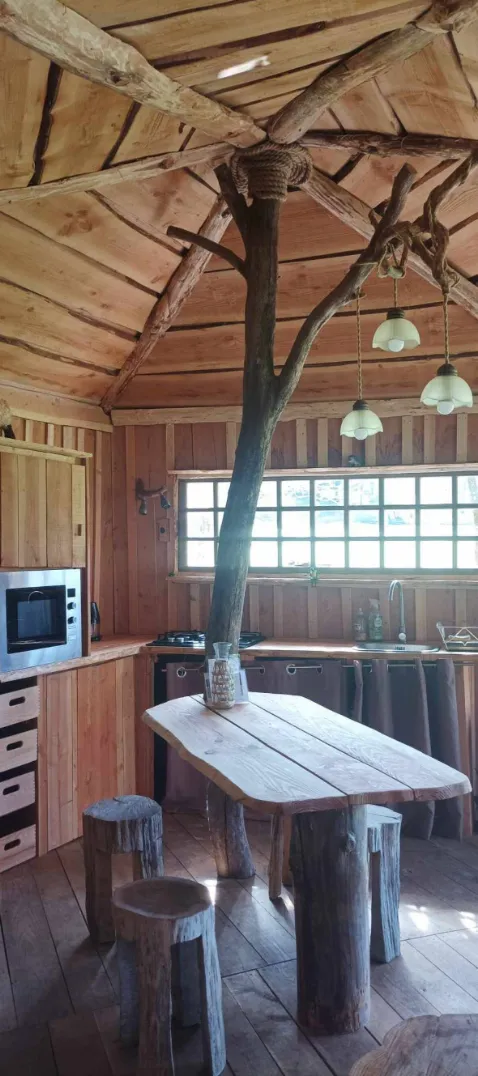 Cabane en bois perchée sur pilotis avec accès privé à la rivière