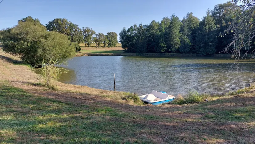 Etang au calme, pêche et détente avec terrain de pétanque