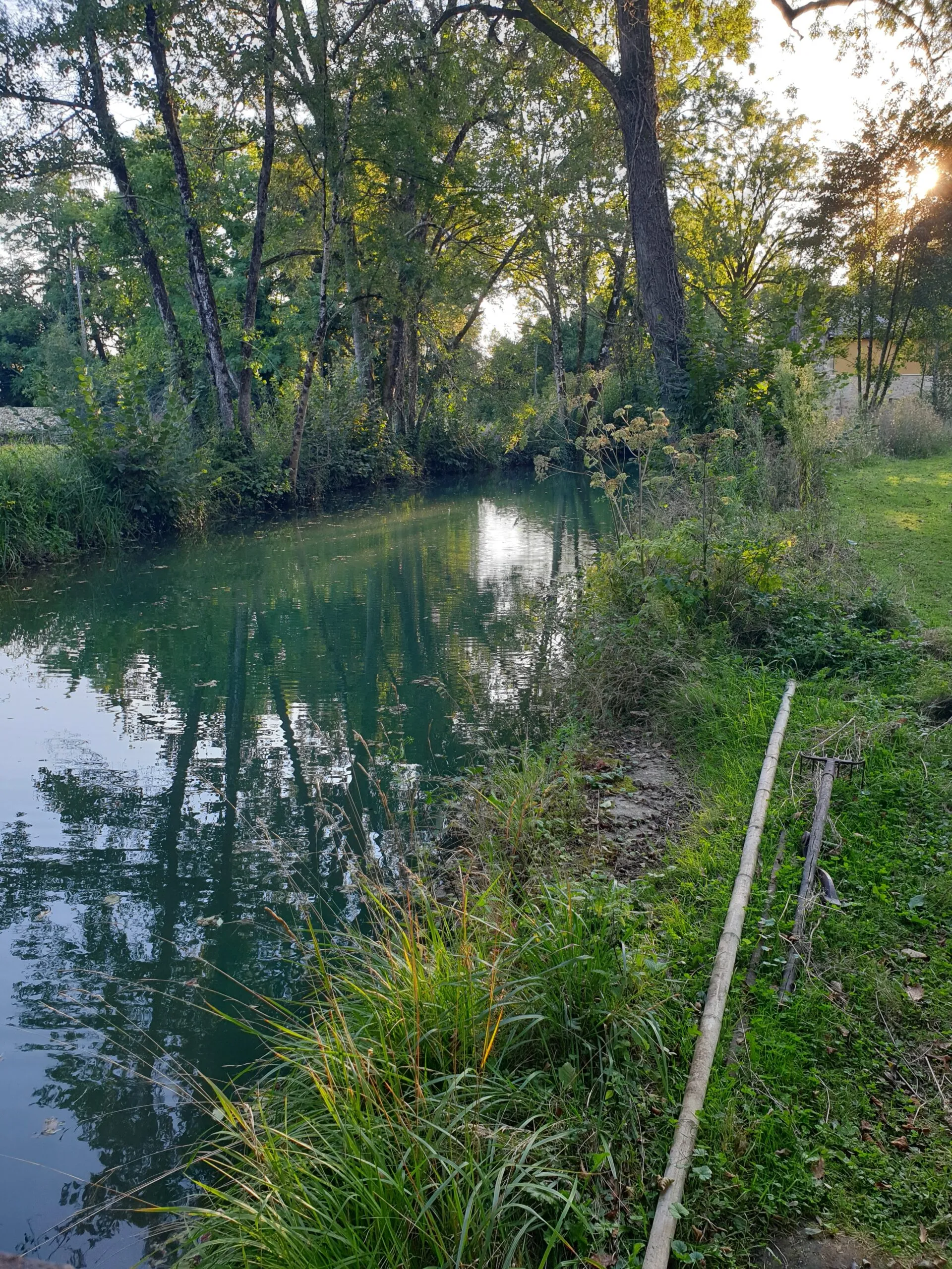 Halte paisible en camping-car au bord d'un étang avec rivière au coeur de la Dordogne