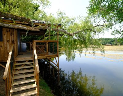 Chalet pilotis sur île privée avec vue imprenable sur l’étang